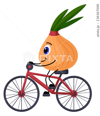 Onion ride bicycle. Healthy lifestyle. Cartoon vegetable 136367090