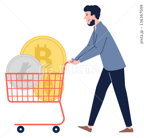 Man buying cryptocurrency. Bitcoin market color icon 136367099