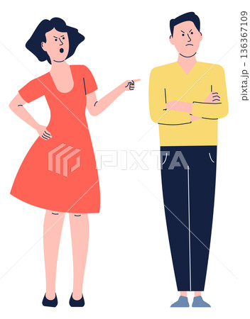Couple conflict. Angry woman yell at man. Negative emotion 136367109