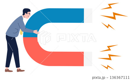 Man hold big magnet. Attraction force icon Man hold big magnet. Attraction force icon 136367111