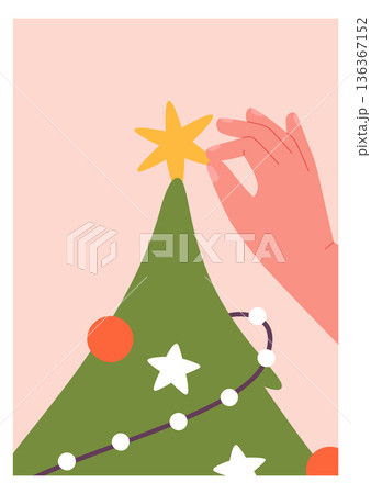 Christmas tree decoration on winter holiday card background 136367152