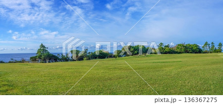 潮岬で見た青空と広大な芝生のパノラマ風景 海の見える丘の自然背景 潮岬で見た青空と広大な芝生のパノラマ風景 海の見える丘の自然背景 136367275