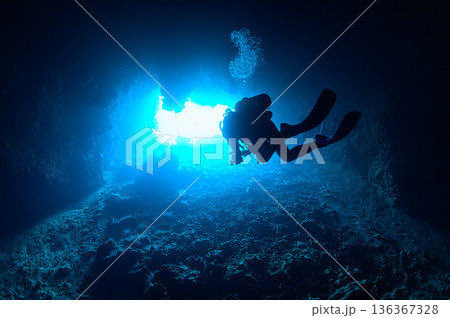 水中洞窟に差し込む微かな光 パラオの海 ダイビングの風景 水中洞窟に差し込む微かな光 パラオの海 ダイビングの風景 136367328