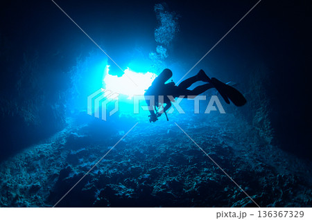 水中洞窟に差し込む微かな光 パラオの海 ダイビングの風景 水中洞窟に差し込む微かな光 パラオの海 ダイビングの風景 136367329