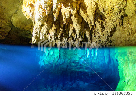 水中洞窟と鍾乳洞　パラオの海　ダイビングの風景 136367350