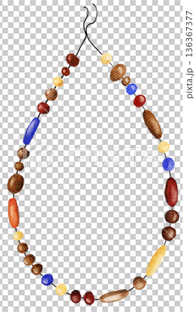 Watercolor illustration of colorful wooden tribal beads necklace on white background. Ethnic handmade jewelry element for boho crafts, posters, invitations, or fashion themed design projects. 136367377