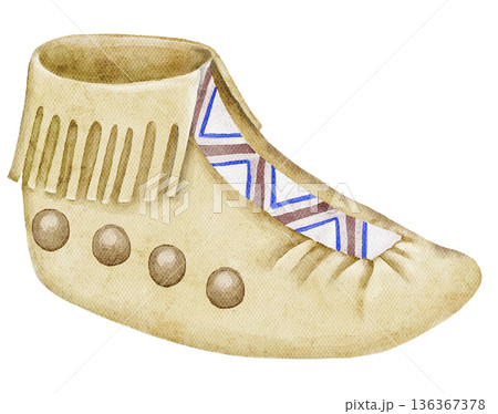 Watercolor native american boot with leather texture and geometric ornament in beige tones. Illustration for tribal themes, cultural designs, posters or decorative elements. 136367378