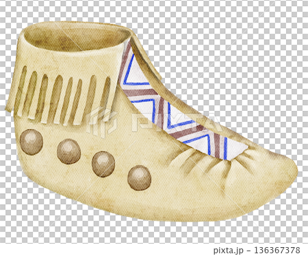 Watercolor native american boot with leather texture and geometric ornament in beige tones. Illustration for tribal themes, cultural designs, posters or decorative elements. 136367378