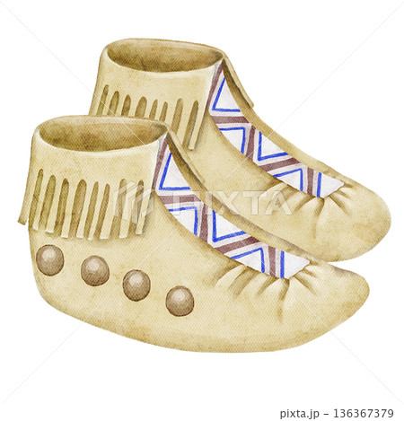 Watercolor illustration of traditional tribal boots with geometric ornament in beige tones. Ethnic boho footwear design for cultural art, apparel prints, posters, and travel themed compositions. 136367379