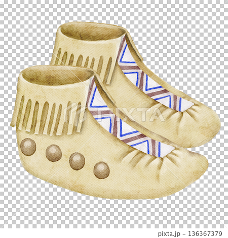 Watercolor illustration of traditional tribal boots with geometric ornament in beige tones. Ethnic boho footwear design for cultural art, apparel prints, posters, and travel themed compositions. 136367379