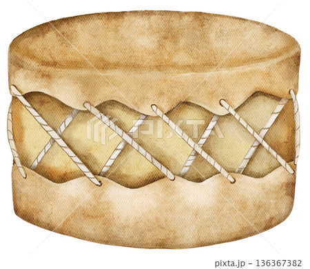 Watercolor illustration of a traditional Native American drum. Handmade tribal percussion instrument with rope detail, perfect for cultural posters, music themes, boho art, and ethnic design projects. 136367382