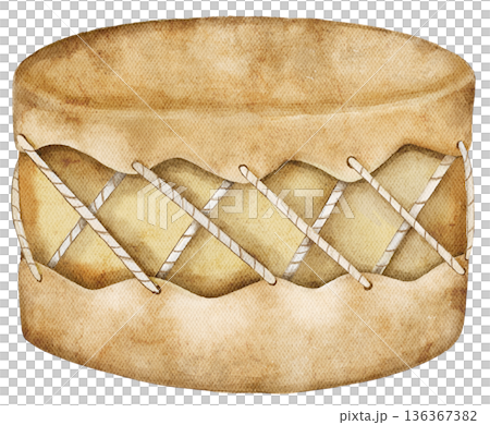 Watercolor illustration of a traditional Native American drum. Handmade tribal percussion instrument with rope detail, perfect for cultural posters, music themes, boho art, and ethnic design projects. 136367382
