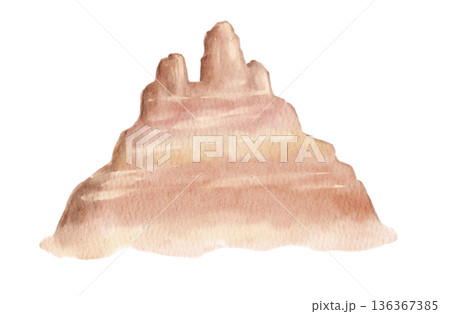 Watercolor desert rock formation with layered shapes in beige and brown tones. Illustration for western themes, native american designs, posters, prints or decorative elements. 136367385
