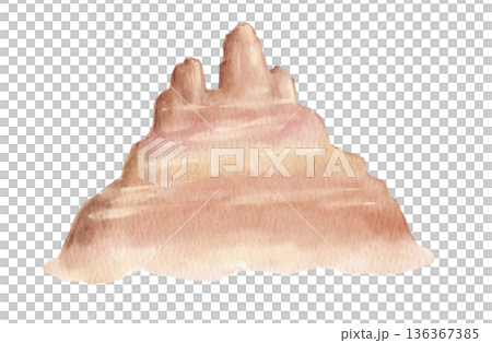 Watercolor desert rock formation with layered shapes in beige and brown tones. Illustration for western themes, native american designs, posters, prints or decorative elements. 136367385