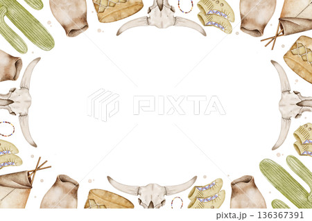 Watercolor frame native American culture with animal skulls, horns, feathers and tribal ornaments, warm desert colors and empty center. Illustration for invitations, posters, postcards or packaging. 136367391