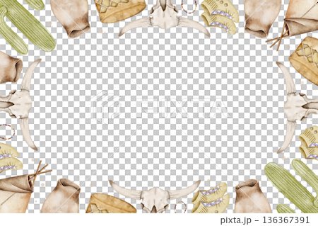 Watercolor frame native American culture with animal skulls, horns, feathers and tribal ornaments, warm desert colors and empty center. Illustration for invitations, posters, postcards or packaging. 136367391