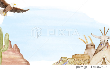Watercolor landscape frame native American theme with desert rocks cactus, skull and flying eagle, warm earth colors and open space. Illustration for posters, invitations, postcards or packaging. Watercolor landscape frame native American theme with desert rocks cactus, skull and flying eagle, warm earth colors and open space. Illustration for posters, invitations, postcards or packaging. 136367392