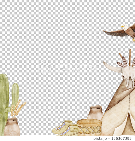 Watercolor boho frame with tipi tent, eagle, cactus, and tribal pottery on white background. Desert inspired design for posters, cards, invitations, or bohemian themed prints with free space for text. 136367393