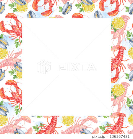 Colorful square seafood frame with lobster, clams, lemon slices pattern on white background. Space for text in the middle. Great for posters, recipe cards, or culinary themed designs. Colorful square seafood frame with lobster, clams, lemon slices pattern on white background. Space for text in the middle. Great for posters, recipe cards, or culinary themed designs. 136367481