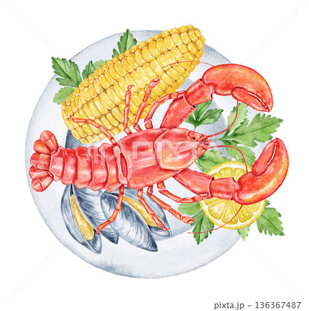Top view of a seafood plate featuring red lobster, grilled corn, mussels, lemon and parsley on white plate. Perfect for menu design, recipe content, or culinary branding. Top view of a seafood plate featuring red lobster, grilled corn, mussels, lemon and parsley on white plate. Perfect for menu design, recipe content, or culinary branding. 136367487