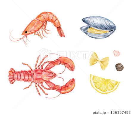 Watercolor seafood collection with shrimp, lobster, mussel, lemon slice, pasta, and peppercorn. Ideal for restaurant menus, culinary posters, packaging, or seafood festival graphic projects. Watercolor seafood collection with shrimp, lobster, mussel, lemon slice, pasta, and peppercorn. Ideal for restaurant menus, culinary posters, packaging, or seafood festival graphic projects. 136367492