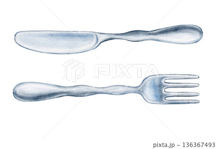 Watercolor blue cutlery set with soft curved silver minimalistic knife and fork on white background. Ideal for menus, tableware packaging, restaurant icons, or food-themed branding designs. 136367493
