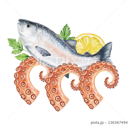 Seafood watercolor composition with salmon, lemon slices, parsley and octopus tentacles on white background. Fish on waves on sunset. Great for packaging, restaurant logos, posters, or recipe visuals. 136367494