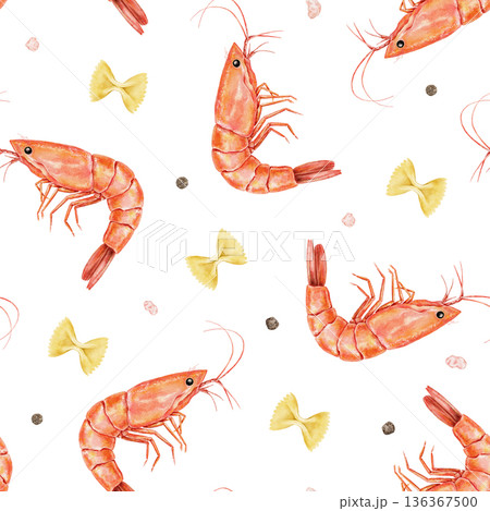 Seamless shrimp and farfalle pasta pattern with black pepper and pink salt on white background. Great for culinary projects, food packaging, or kitchen-themed printables 136367500