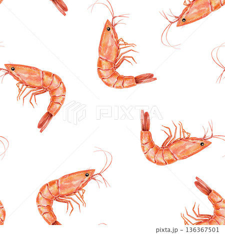 Seamless watercolor shrimp pattern on white background. Clean repeating layout suitable for packaging, food-themed textiles, backgrounds, or culinary design elements 136367501