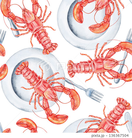 Seamless seafood pattern with red lobsters, silver plates, and forks on white background. Perfect for food packaging, seafood menus, restaurant prints, or nautical kitchen textile designs. Seamless seafood pattern with red lobsters, silver plates, and forks on white background. Perfect for food packaging, seafood menus, restaurant prints, or nautical kitchen textile designs. 136367504