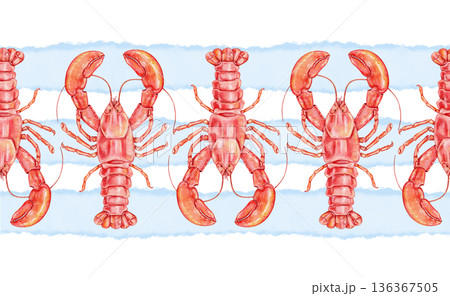 horizontal seamless border with repeating watercolor lobsters on soft blue watercolor stripes and white background. Ideal for menu borders, seafood wrapping paper, or culinary design 136367505