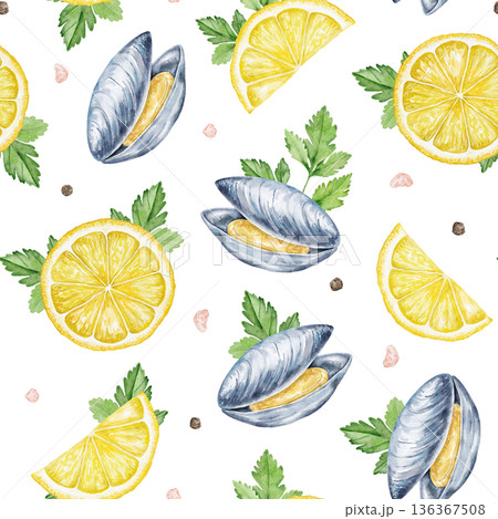 Seamless watercolor pattern of mussels, lemon slices, parsley, and peppercorns on white background. Perfect for seafood packaging, restaurant menus, fabric designs, or culinary stationery. 136367508