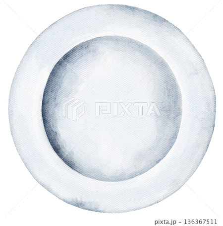 Watercolor blue plate illustration on white background. Central space left for text. Clean round layout ideal for menus, food branding, product labels, or elegant culinary design. 136367511