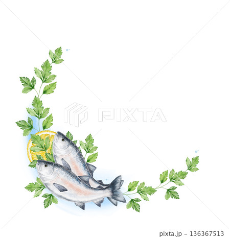 watercolor corner seafood frame with parsley, salmon and lemon slice on white background. Light blue watercolor shadow under fish. Central space left for text. Great for menus, labels or food branding watercolor corner seafood frame with parsley, salmon and lemon slice on white background. Light blue watercolor shadow under fish. Central space left for text. Great for menus, labels or food branding 136367513