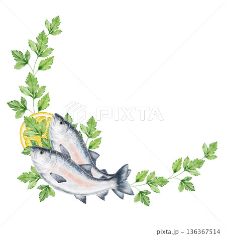 Corner seafood frame with parsley, salmon and lemon slice on white background. Central space left for text. Fresh fish and herb composition for culinary branding, labels or menu designs. 136367514