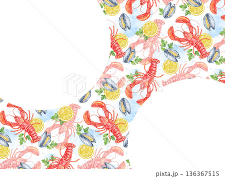watercolor seafood frame with lobster, mussel, shrimp, lemon and parsley on white background. Bold marine pattern forms circular border. Central space left for text. Ideal for menus or culinary design 136367515