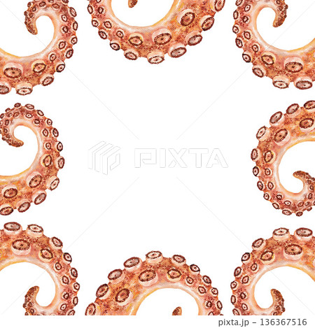 Curled watercolor octopus tentacles square frame on white background. Repeating elements form border-like layout. Space for text in the center. Great for seafood themes or menu designs. 136367516