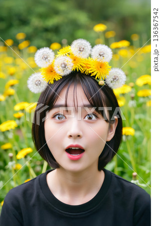 たんぽぽで遊ぶ女性 136367542