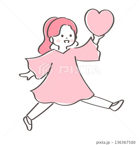 片手でハートを掲げる元気な女性｜ポジティブなメンタルを表すイラスト 136367580