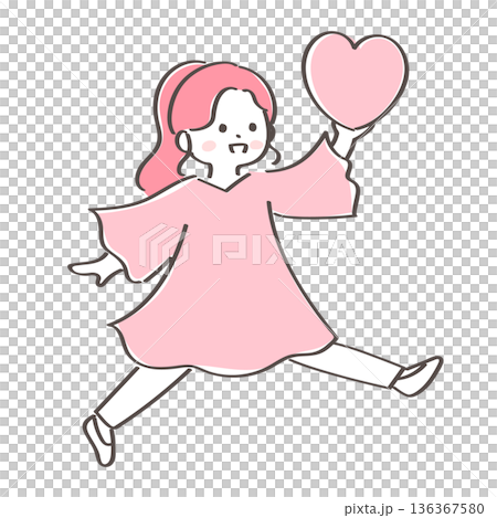 片手でハートを掲げる元気な女性｜ポジティブなメンタルを表すイラスト 136367580