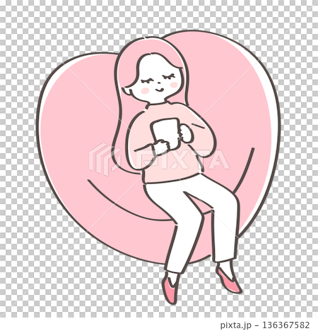 A woman relaxing on a heart-shaped sofa | Illustration of healing and mental care A woman relaxing on a heart-shaped sofa | Illustration of healing and mental care 136367582