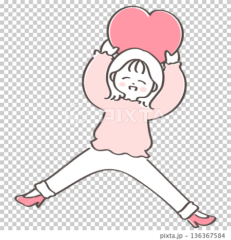 両手でハートを頭上に掲げてジャンプする女性 136367584
