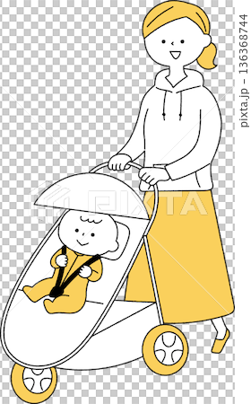 母親推著嬰兒車，單色 136368744