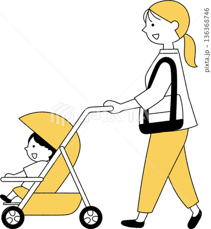ベビーカーを押すお母さん横向き単色 136368746