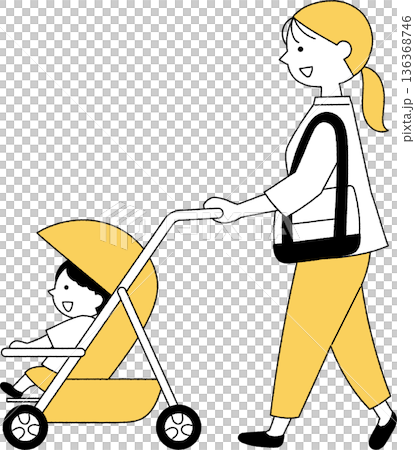 ベビーカーを押すお母さん横向き単色 136368746