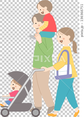 媽媽推著嬰兒車,一家人 媽媽推著嬰兒車,一家人 136368751