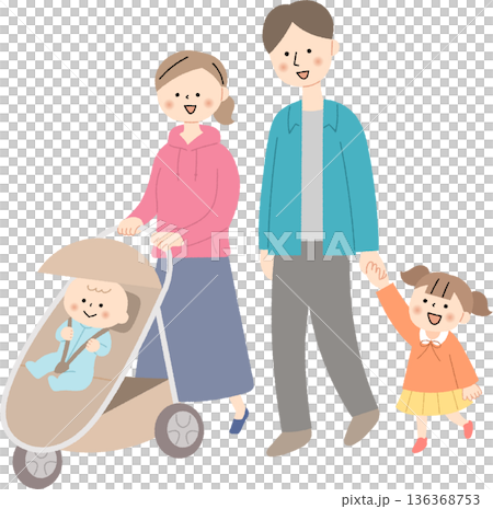 媽媽推著嬰兒車，一家人 136368753