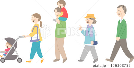並んで歩く三世代家族 136368755