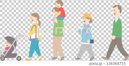 並んで歩く三世代家族 136368755