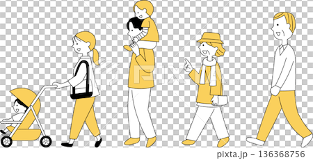 並んで歩く三世代家族単色 136368756